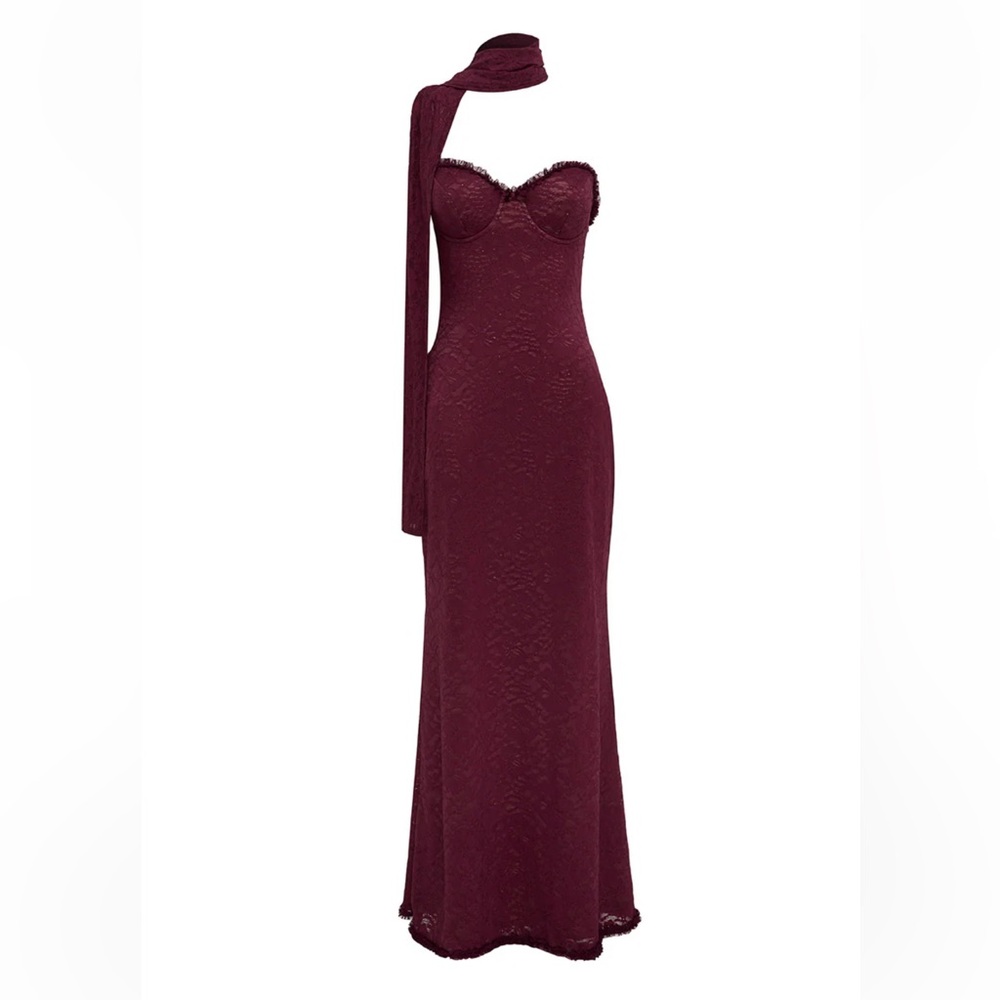 Long Sleeve Burgundy Lace Evening Gown